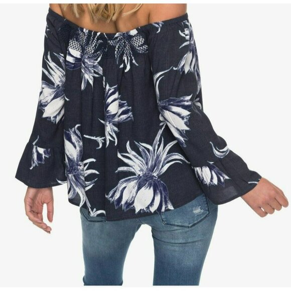 Roxy Blouse Top Women XS Off The Shoulders Moon Sapphire Blue Boho Peasant - Picture 2 of 12